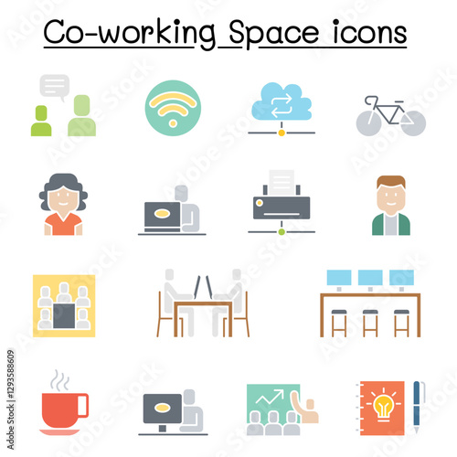 Co working space icon set in thin line style