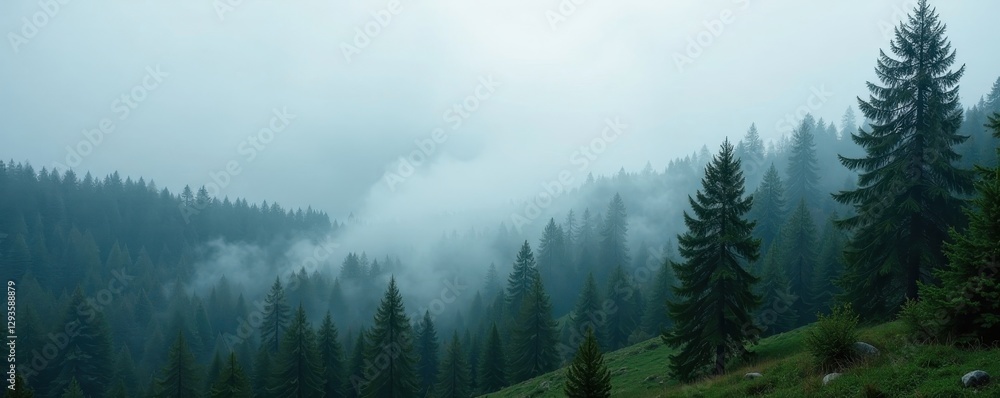 Fototapeta premium Misty pine forest panorama, ancient trees shrouded in fog, coniferous, peaceful