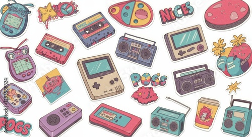Nostalgia: A Collection of 90s Retro Gadgets and Stickers