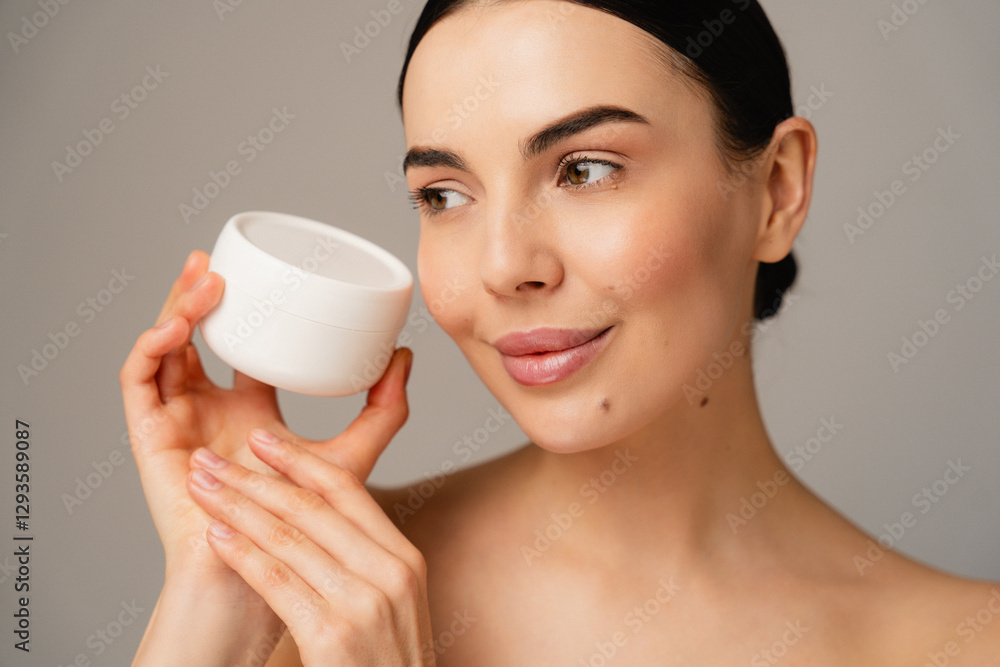 Confident individual holding a skincare cream container, emphasizing beauty, self-care, and a healthy lifestyle. Confident individual holding a skincare cream container, emphasizing beauty, self-care, and a healthy lifestyle.