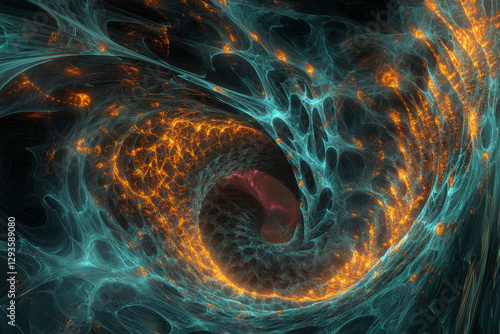 A swirling mass of cybernetic energy forming an intricate AI-driven fractal network. The futuristic high-tech background showcases glowing data nodes, pulsating neon pathways, and holographic digital