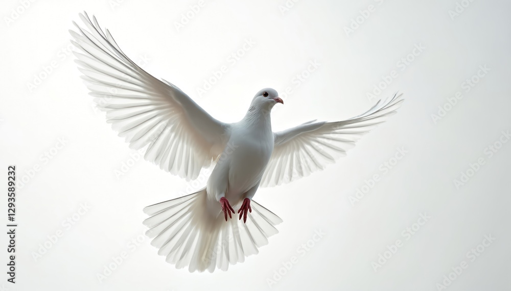Obraz premium Majestic white dove in flight with spread wings against light background. Symbol of peace, innocence, love, freedom. Graceful bird soars through air, feathers shimmering. Represents hope, purity,