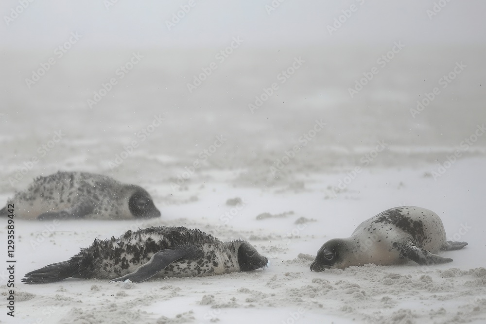 Obraz premium Three seals rest on a snowy beach, shrouded in mist, creating a serene and tranquil winter atmosphere.