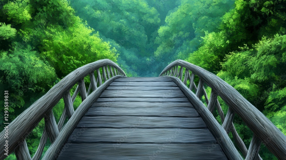 Peaceful Wooden Bridge Over Tranquil Forest Pathway in Nature Peaceful Wooden Bridge Over Tranquil Forest Pathway in Nature