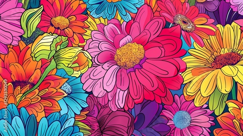 An illustration of a pattern of colorful flowers.
