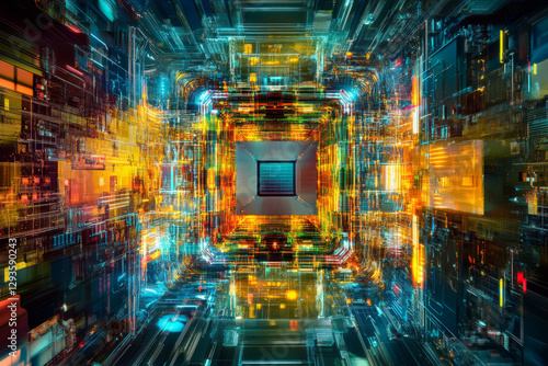 A futuristic quantum AI-driven processor, surrounded by swirling cybernetic energy trails, glowing holographic data pathways, and pulsating digital machine learning nodes. The high-tech abstract