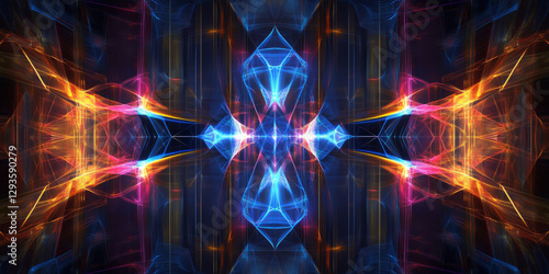 A mesmerizing abstract background with intricate refractions of crystalline neon light, bouncing off transparent geometric panels. The futuristic interplay of color, depth, and reflection creates a