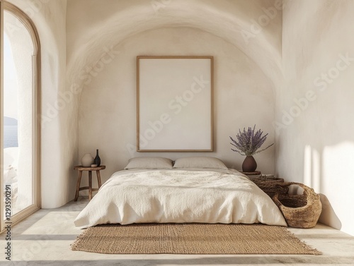 A white bed with a white frame and a white bedspread. A vase with purple flowers on a table. A basket with a white blanket on it. A white framed picture on the wall. A wooden stool next to the bed