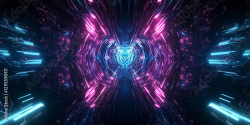 A futuristic abstract background with glowing neon waves flowing in a dark cybernetic space. The design features intricate energy currents, pulsating data streams, and holographic geometric patterns,