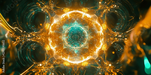 A glowing futuristic quantum data cluster, surrounded by swirling AI-powered cybernetic waves, holographic machine learning pathways, and pulsating blockchain security nodes. The high-tech abstract