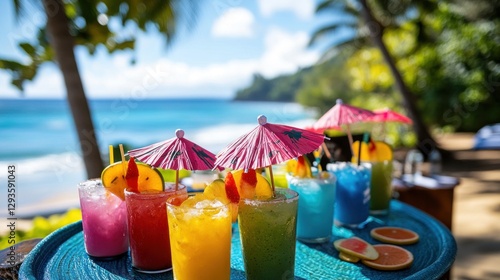 Wallpaper Mural A vibrant array of tropical cocktails on a platter, set against a stunning beach backdrop, offering a refreshing and colorful experience Torontodigital.ca
