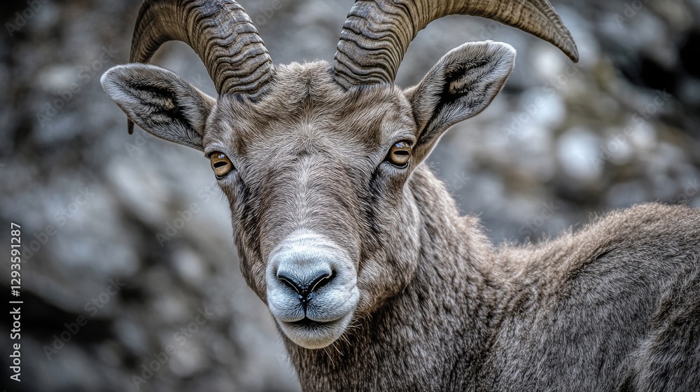 Close-up of a majestic bighorn sheep with curved horns in natural habitat, detailed texture. Wildlife and nature exploration concept Close-up of a majestic bighorn sheep with curved horns in natural habitat, detailed texture. Wildlife and nature exploration concept