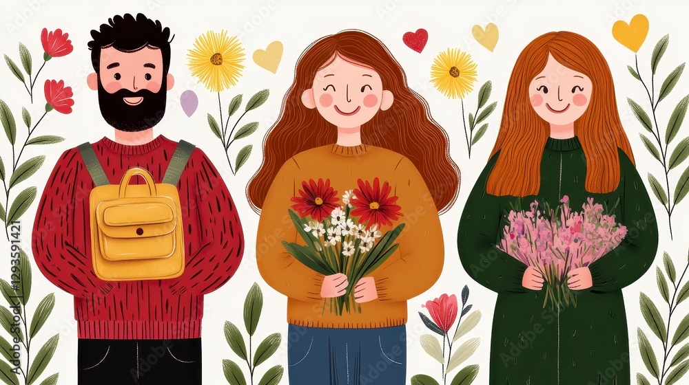 Cheerful Group of Friends with Flowers and Colorful Plants Illustration Cheerful Group of Friends with Flowers and Colorful Plants Illustration