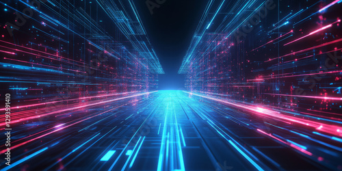 A sleek futuristic abstract background featuring radiant streams of liquid light, dynamically flowing through a cybernetic landscape. The seamless integration of neon hues and digital fluidity creates