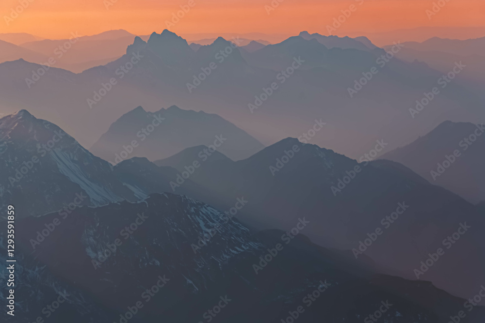 Alpine sunset or sundowner at Mount Zugspitze, Top of Germany, Garmisch-Partenkirchen, Werdenfelser Land, Bavaria, Germany Alpine sunset or sundowner at Mount Zugspitze, Top of Germany, Garmisch-Partenkirchen, Werdenfelser Land, Bavaria, Germany