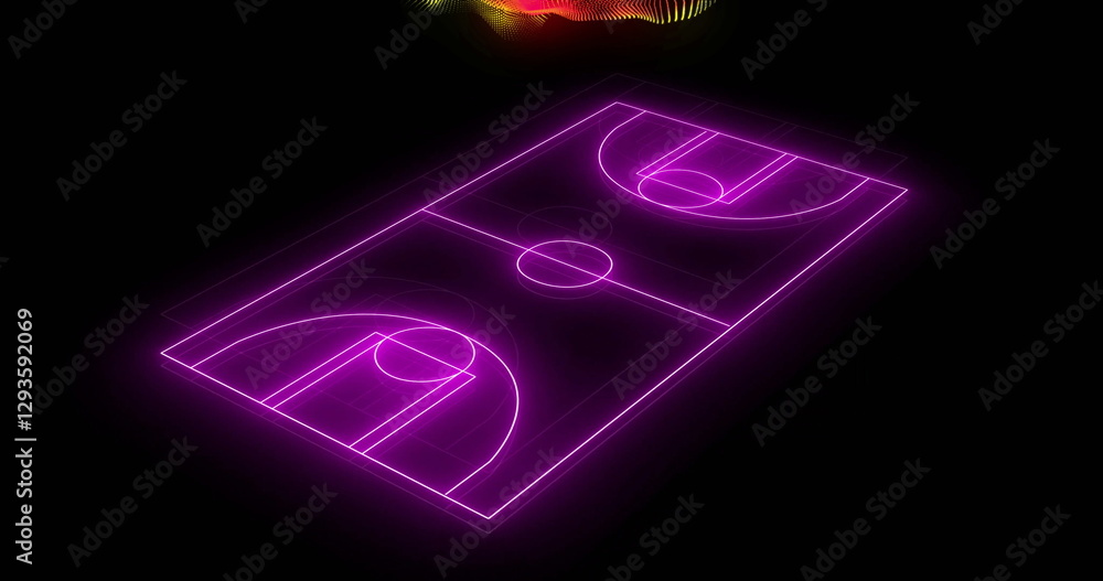 Naklejka premium Image of yellow and red particle wave over purple neon basketball court on black background