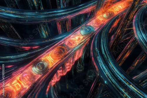 A futuristic visualization of a high-speed AI-driven data highway, featuring glowing cybernetic connections, pulsating holographic energy trails, and swirling digital machine learning pathways. The