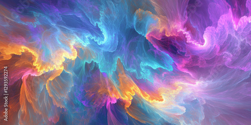 A visually stunning abstract background with a vibrant explosion of radiant neon hues, dynamically blending into a soft gradient of electric blues and purples. The high-tech, futuristic design creates