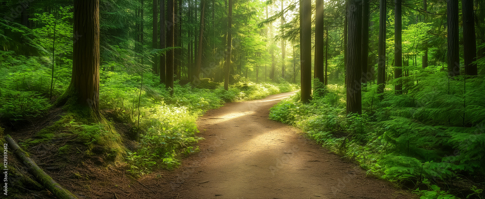 Obraz premium Serene forest path surrounded by lush greenery and sunlight