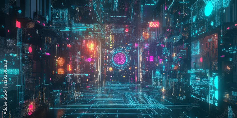 Fototapeta premium A glowing futuristic AI-powered neuromorphic computing network, displaying cybernetic deep learning pathways, pulsating holographic brain-inspired processor nodes, and swirling quantum-enhanced