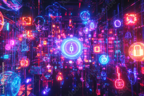 A mesmerizing visualization of futuristic data encryption, featuring glowing cybernetic lock symbols, holographic digital keys, and pulsating AI-driven neural pathways. The high-tech background
