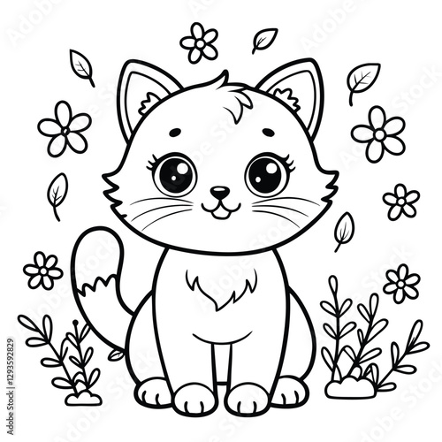 cat Coloring Page Cat with Flowers and Leaves