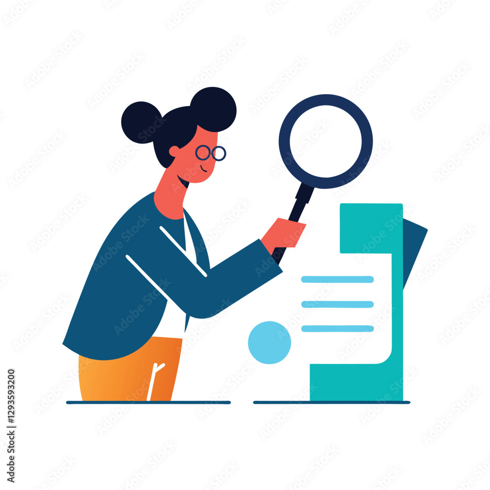 Woman using magnifying glass to review document, analysis, research Woman using magnifying glass to review document, analysis, research