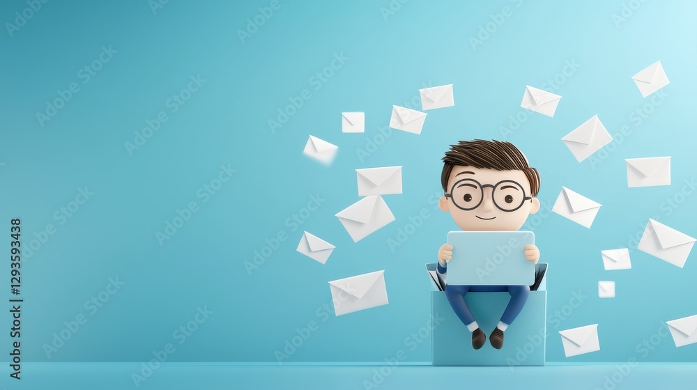 Businessman cartoon staring at empty inbox digital workspace illustration bright background front view work-life balance Businessman cartoon staring at empty inbox digital workspace illustration bright background front view work-life balance