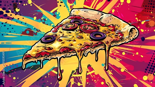 A slice of pizza with melted cheese on top against a colorful background.