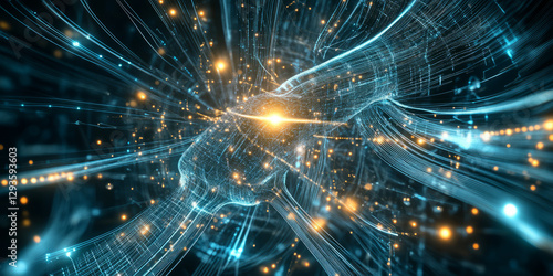 A futuristic visualization of quantum computing, featuring glowing cybernetic data streams, swirling AI-powered energy pathways, and pulsating holographic machine learning nodes. The high-tech