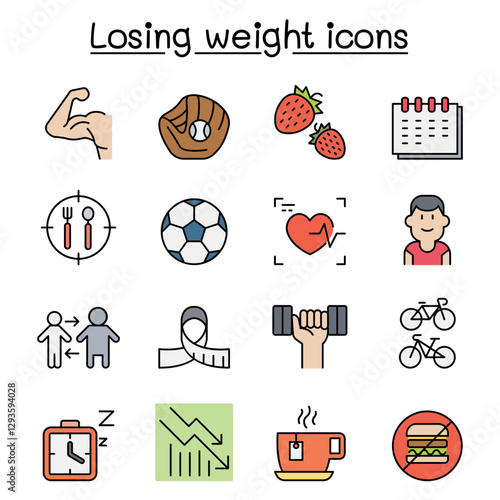 Diet, Losing weight, fitness, healthy lifestyle icon set in thin line style