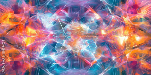 A mesmerizing abstract background with intricate refractions of crystalline neon light, bouncing off transparent geometric panels. The futuristic interplay of color, depth, and reflection creates a