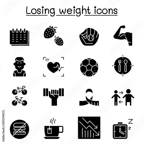 Diet, Losing weight, fitness, healthy lifestyle icon set in thin line style