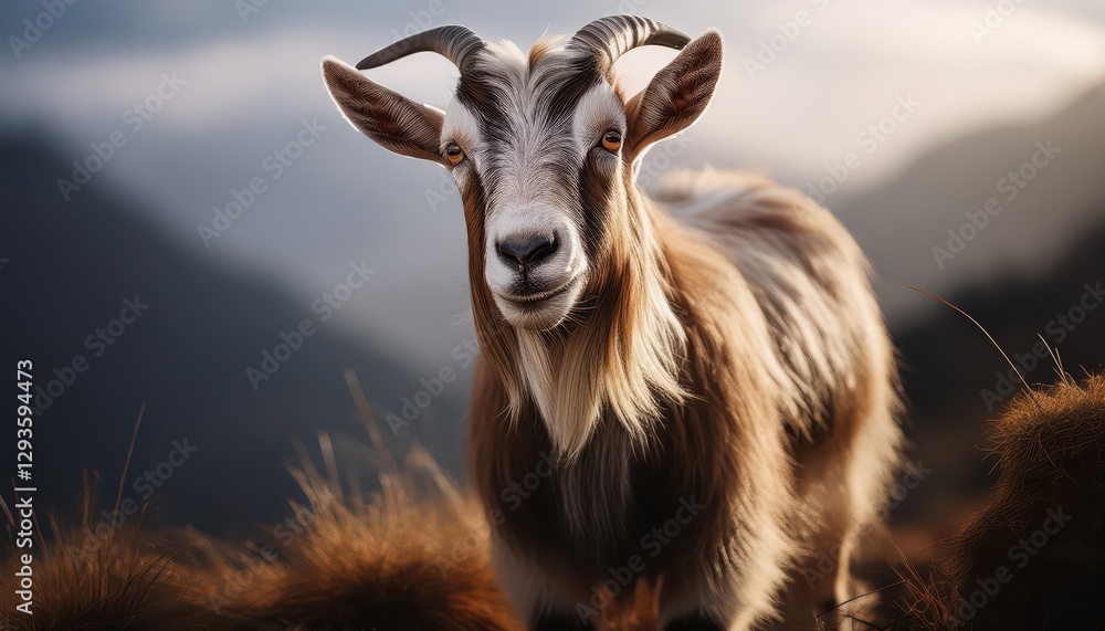 Majestic SnowCapped Goat Peak Bathed in Alpine Twilight at Sunset, Capturing the Serene Beauty and Dramatic Landscape of the Mountain Range. Majestic SnowCapped Goat Peak Bathed in Alpine Twilight at Sunset, Capturing the Serene Beauty and Dramatic Landscape of the Mountain Range.