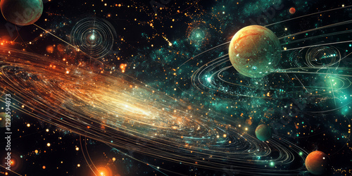 A futuristic AI-driven space probe visualization, displaying glowing cybernetic deep-space data collection nodes, pulsating holographic planetary exploration grids, and swirling quantum-enhanced