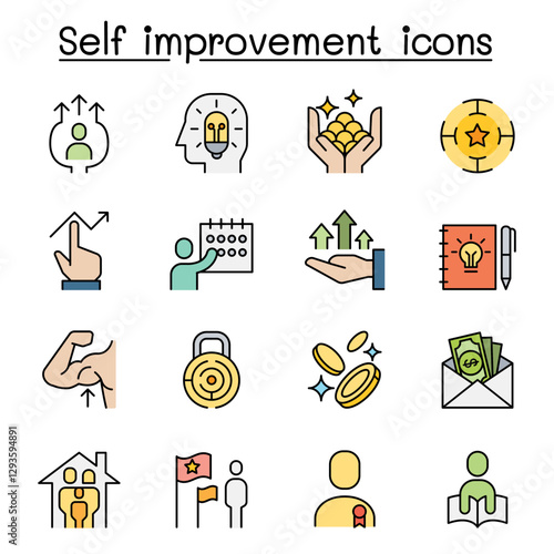 Self improvement, aim, target, development, planning, strategy icon set in thin line style