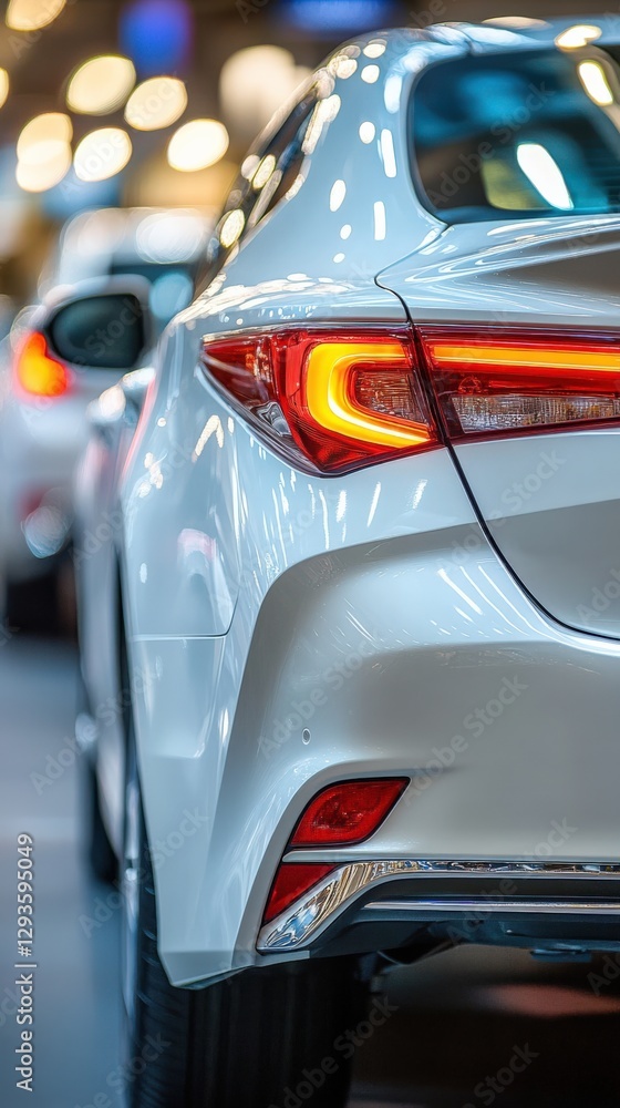 Sleek White Sport Sedan in a Modern Car Showroom Featuring Glowing Tail Lights and Soft Ambient Lighting Sleek White Sport Sedan in a Modern Car Showroom Featuring Glowing Tail Lights and Soft Ambient Lighting
