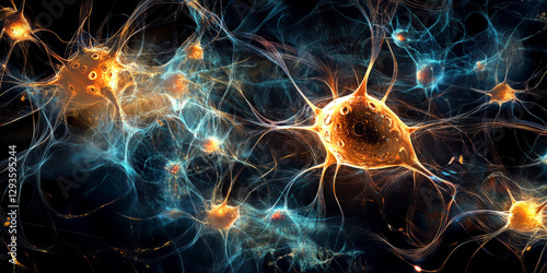 An abstract digital background with ultra-fine glowing circuit pathways, forming a complex interconnected neural network. The futuristic composition includes pulsating nodes, iridescent light trails,