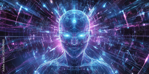 A glowing futuristic digital twin, composed of swirling cybernetic energy trails, pulsating holographic AI-driven intelligence, and intricate neural data grids. The high-tech abstract background