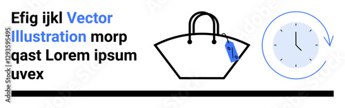 Minimalist design of a shopping bag with a blue price tag beside a clock illustrating time. Ideal for retail, sales, promotion, e-commerce, shopping events, schedule, and marketing campaigns as