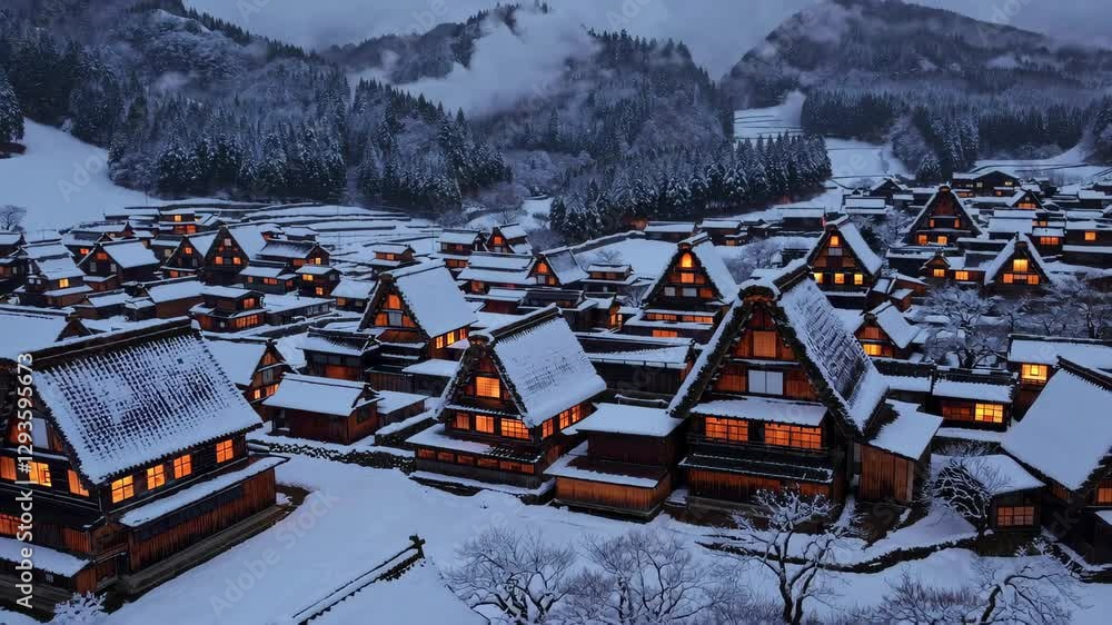 Aerial View of Shirakawa-go in Winter: A Traditional Japanese Snow-Covered Village Aerial View of Shirakawa-go in Winter: A Traditional Japanese Snow-Covered Village