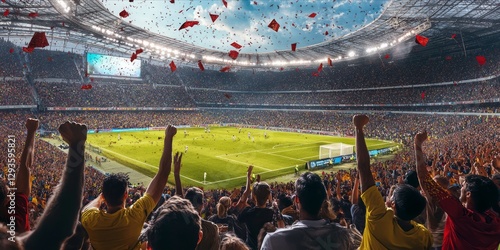 Fans enthusiastically cheering at a soccer stadium.