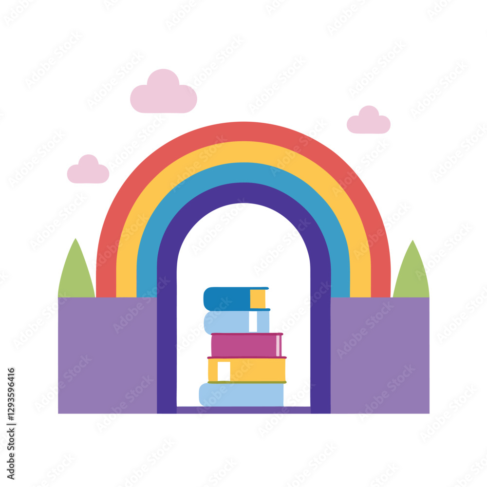 Obraz premium Rainbow Archway, Books, Clouds, Reading, Knowledge, Imagination, Learning, Dreams, Fantasy, Story