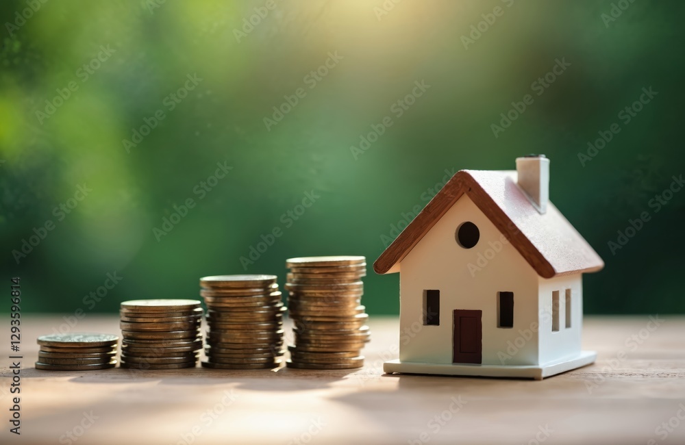 Miniature model house next to stack of coins. Concept of real estate market, mortgage, investment, rising property value, rental income and property taxes, savings, home loan and success. Miniature model house next to stack of coins. Concept of real estate market, mortgage, investment, rising property value, rental income and property taxes, savings, home loan and success.