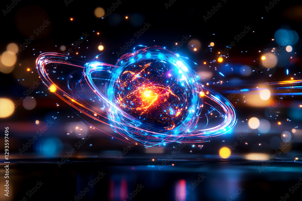 Obraz premium Glowing Neutron Surrounded by Energetic Particles and Light Trails Against a Dark Cosmic Backdrop with a Focus on Its Vibrant Spherical Form