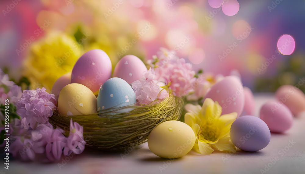 Playful Easter theme featuring soft watercolor eggs in pink, yellow, and lavender surrounded by spring flowers. Playful Easter theme featuring soft watercolor eggs in pink, yellow, and lavender surrounded by spring flowers.
