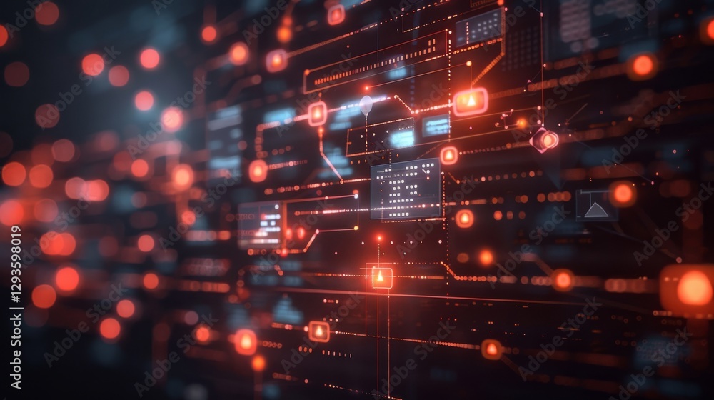 Obraz premium Close up view of a vibrant digital network filled with glowing nodes and interconnected paths, representing advanced technology and data transfer in a futuristic atmosphere.