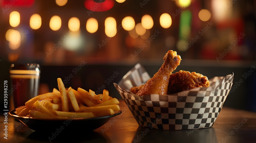 Obraz premium Crispy Fried Chicken and French Fries at a Bar