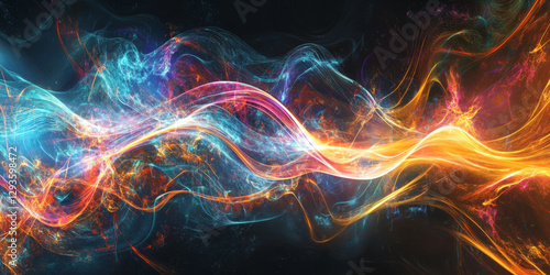 A visually stunning abstract background with glowing holographic light waves, dynamically cascading in a futuristic symphony of cyber-neon brilliance. The seamless fluid motion evokes an advanced high