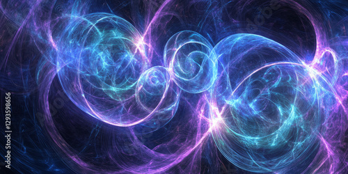 A visually striking abstract background featuring intricate concentric waves of glowing light, dynamically pulsating with neon blue and purple hues. The fluid cybernetic patterns evoke a futuristic